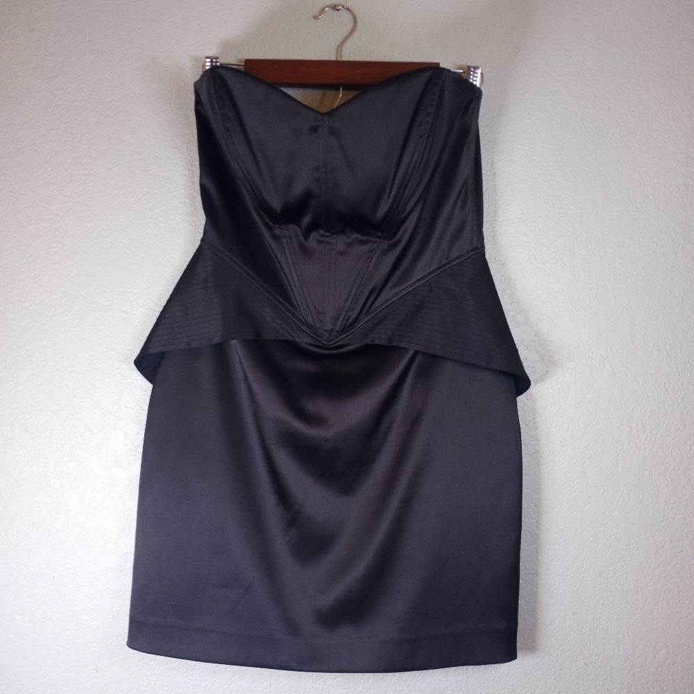 Betsey Johnson Vintage Black Satin Strapless Corset Sweetheart Neck Peplum Dress - Picture 4 of 11